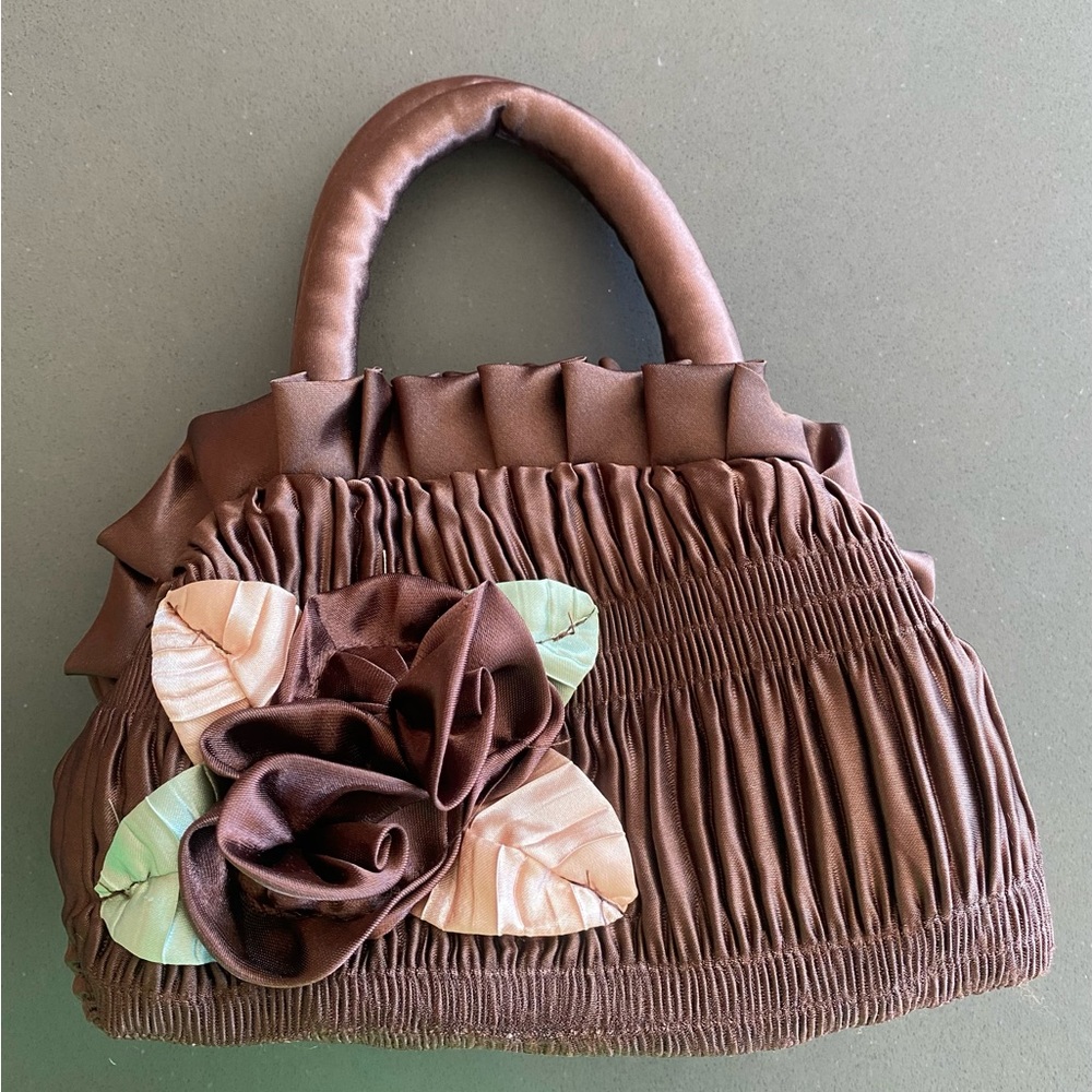 Brown Pleated Satin Rosette Bag